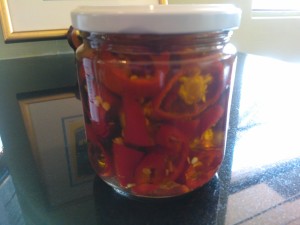 The finished product; the marinated peppers in extra virgin olive oil