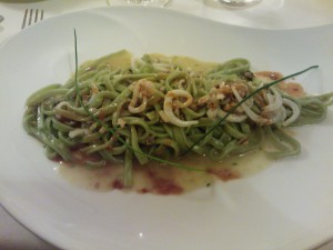 Vermicelli with cuttle fish, a cockle pesto, and a sea urchin cream