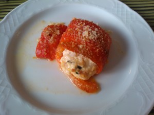 Roasted Red Peppers filled with mozzarella and ricotta cheese and prosciutto