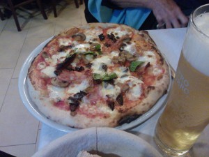 Pizza with Mozzarella, Tomatoes, Eggplant, Prosciutto,  & Mushrooms