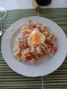 Rice Salad with Artichokes, Red Peppers, Olives, & Corn