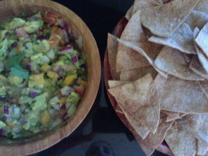 Crunchy whole wheat tortilla chips served with homemade guacamole