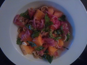 Whole wheat bowtie pasta tossed with cantaloupe, prosciutto, basil & fresh mozzarella cheese