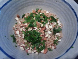 Whole wheat pearled cous cous tossed with chopped almonds and parsley