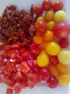 Trio of tomatoes for the tomato jam: heirloom, cherry, and sundried