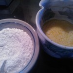 The dry ingredients mixed in one bowl and the wet ingredients in another