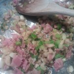 The filling for the mushroom caps: pancetta, green onions, thyme and mushroom stems