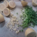 Minced garlic, sliced green onions & lemons for the shrimp scampi