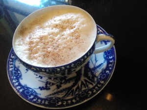 Chai tea flavored with frothy milk, simple syrup and a pinch of grated nutmeg