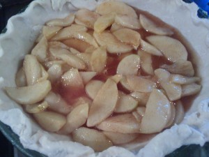 The apple mixture spread on the bottom of the homemade pie crust