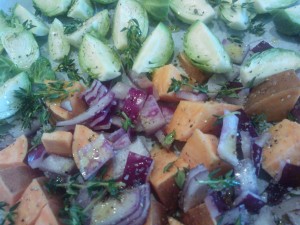 Sweet potato, red onion & Brussels sprouts ready to be roasted