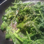 Sautéing the broccoli rabe in olive oil