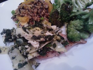 The chicken served with a wild rice salad and lemony broccoli