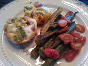 Roasted Okra & Peppers alongside Mini Creole Quiches 