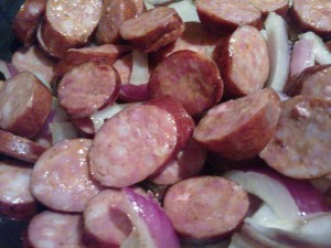 Sautéed Andouille and red onions