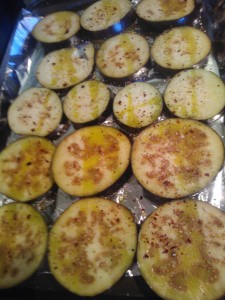 The sliced eggplant ready to be roasted