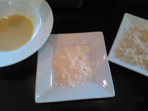 The chicken breading stations: Dijon mustard & white wine, flour, and Panko with Parmesan