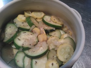 The cooked squash and onions ready to be topped with the breadcrumb mixture