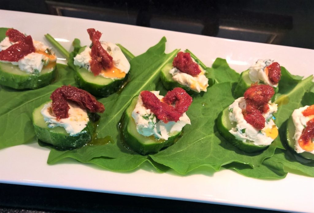Cucumbers Rounds with Herbed Cream Cheese and Sundried Tomatoes