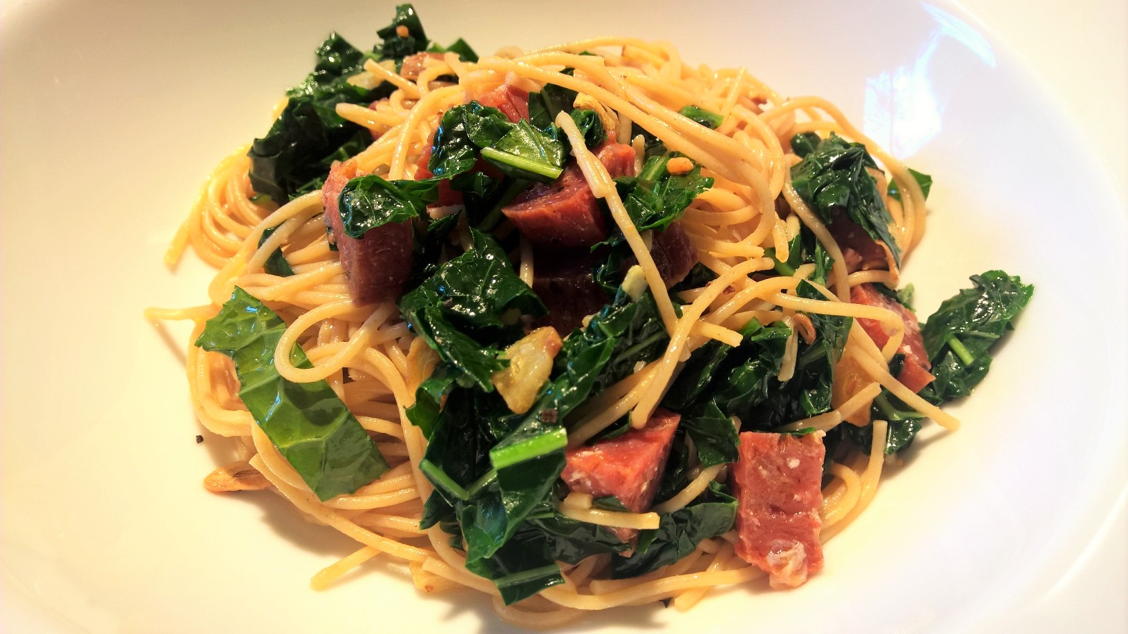 Spaghetti with Kale & Salami