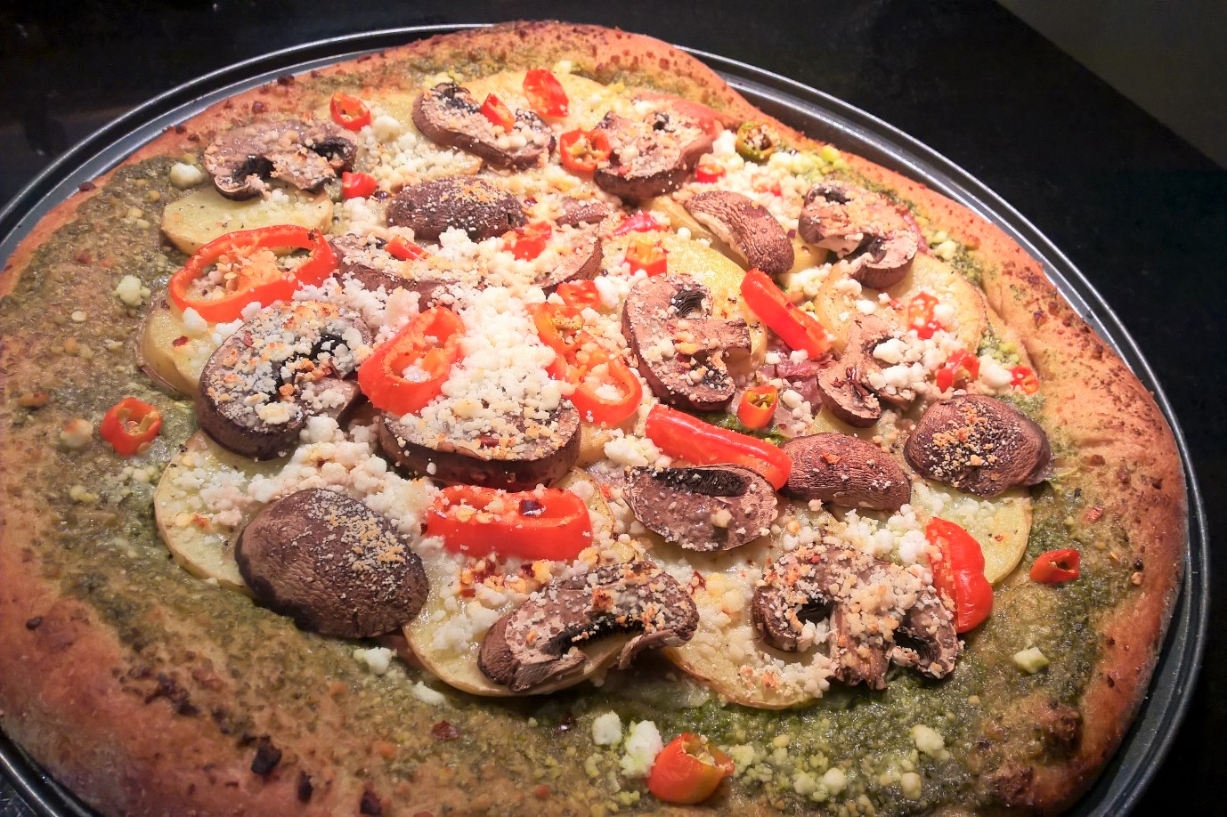 pizza-with-prosciutto-pesto-potatoes-mushrooms
